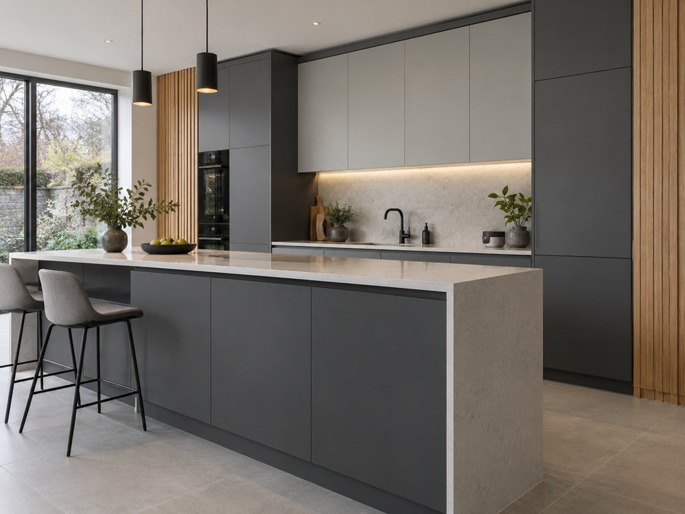 Illustrative modern kitchen with charcoal and grey cabinet finishes