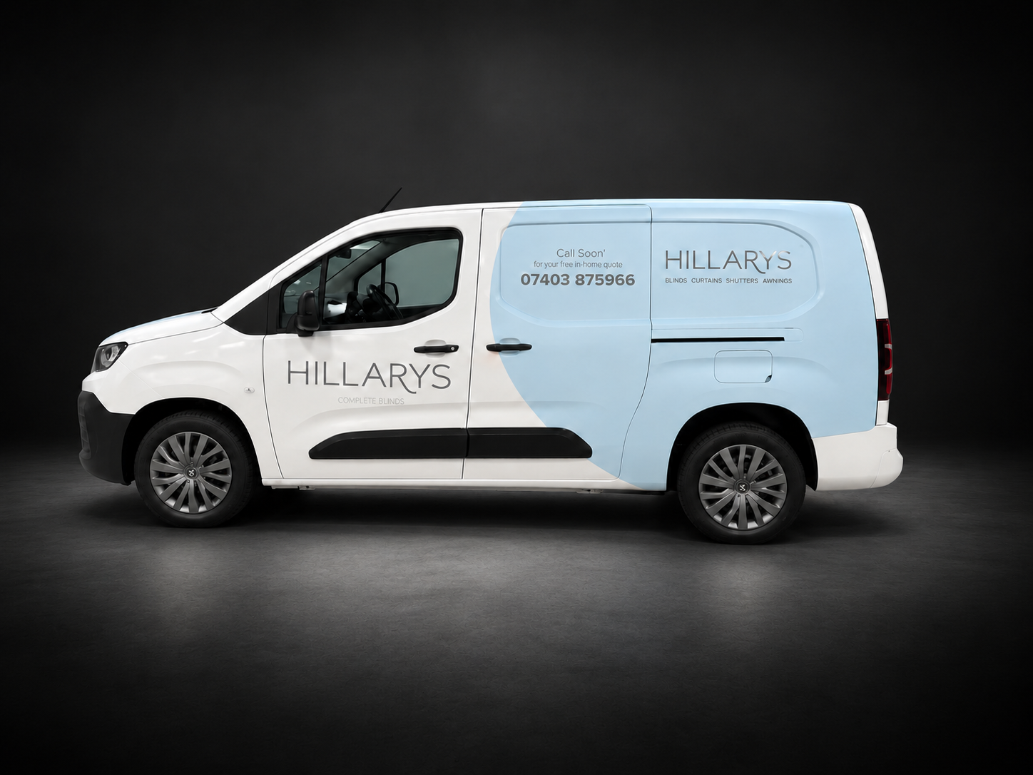 Hillarys branded van with a digitally retouched dark background
